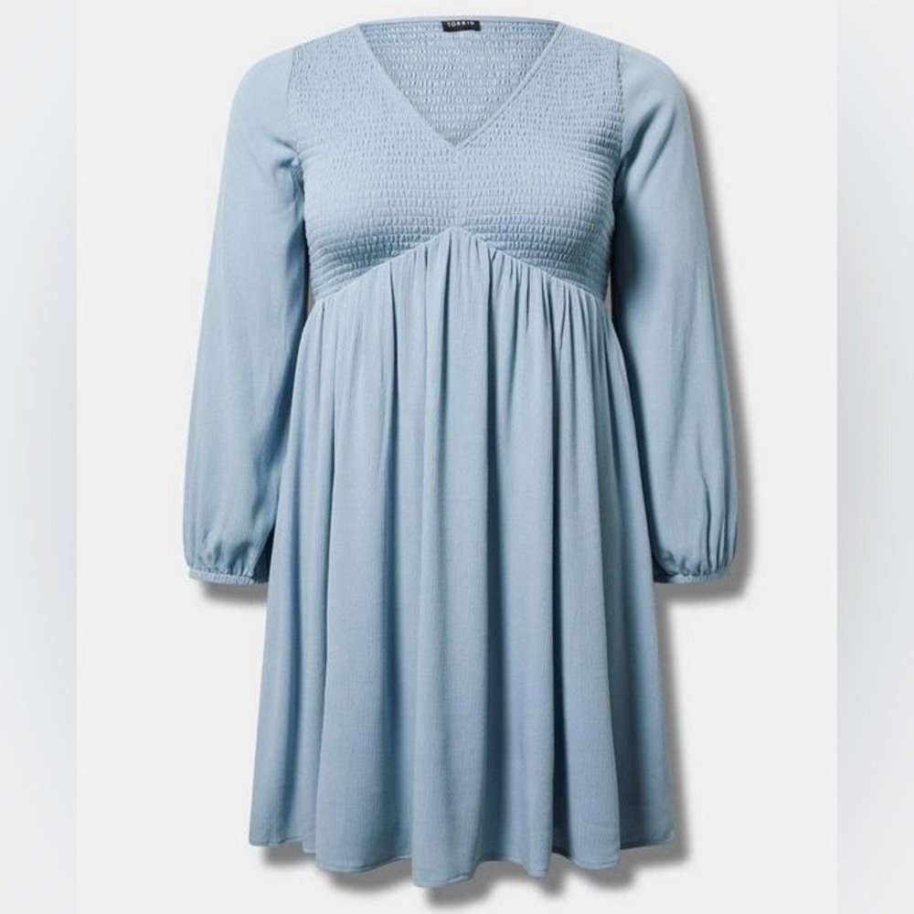 NWT Torrid Women’s Babydoll Mini Dress Blue Size 1X 3/4 Sleeves V Neck